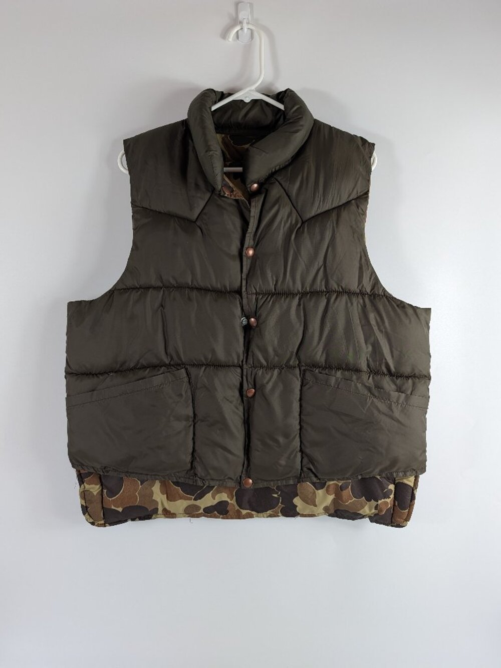 Vintage Black Sheep Reversible Puffy Vest Green Brown Camo Pockets Mens XL